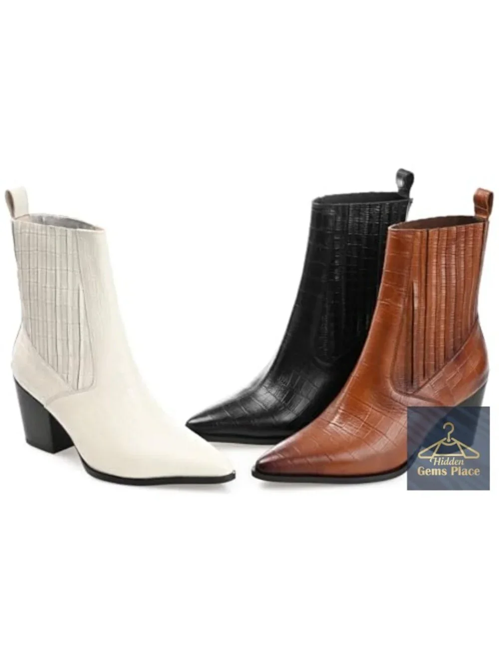 Genuine Leather Pointed Toe Chelsea Booties Block Heel
